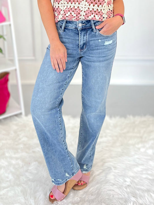 On Edge - Judy Blue Straight Jeans with Rose Gold Stitching- Final Sale