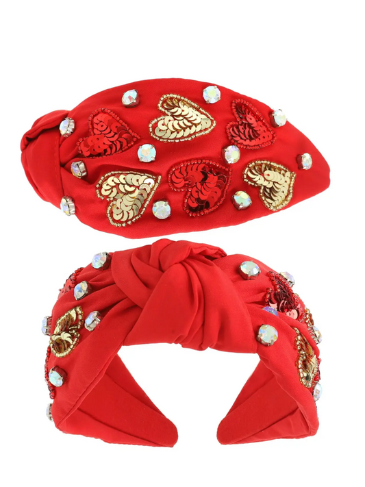 Valentines Day Knotted Embellished Headband - Red
