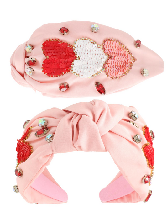 Valentines Day Sequin Hearts Jeweled Headband - Pink
