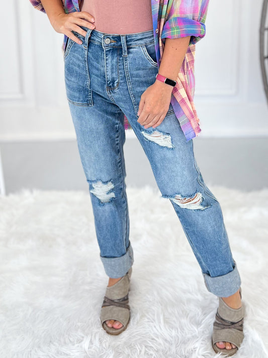 Just Wanna Have Fun - Judy Blue Distressed Boyfriend Jeans- Final Sale