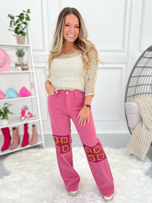 Judy Blue - Dusty Pink Dyed Crochet Patched Wide Jeans - Final Sale