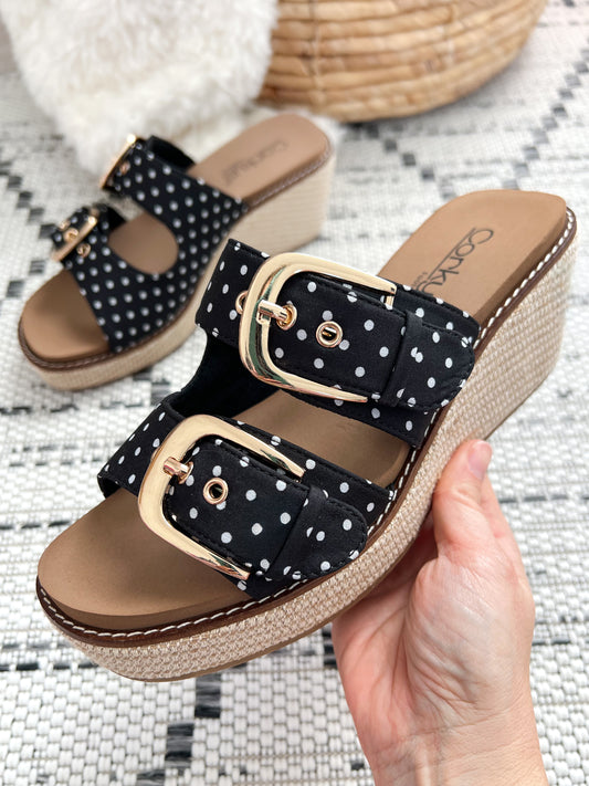 Corky's Manifest Wedge - B & W Polka Dot