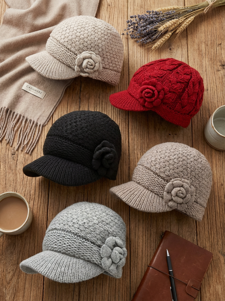 Knitted hats with floral details on a wooden surface with a scarf and coffee cup.