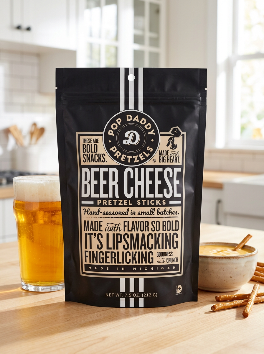 Bag of Pop Daddy Beer Cheese Pretzel Sticks on a kitchen counter with a glass of beer and bowl of dip.