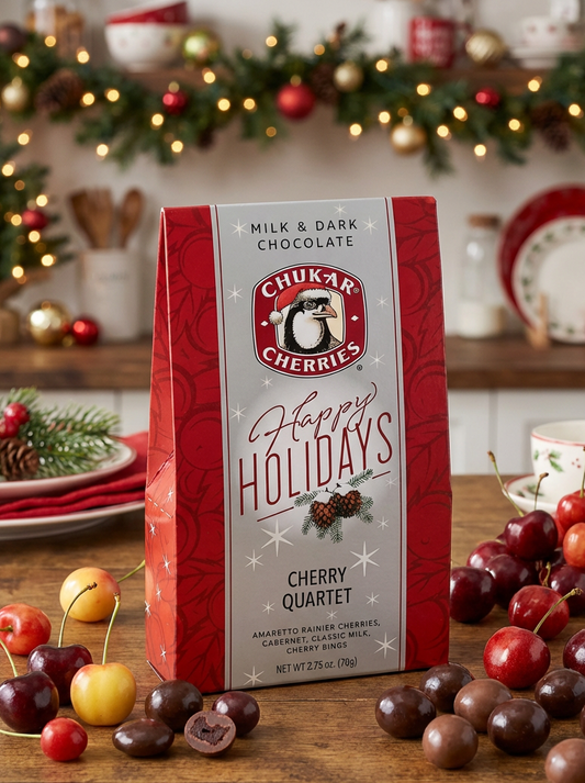 Chukar Cherries Happy Holidays packaging with cherries on a festive background