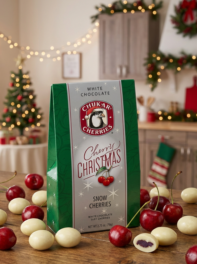 Box of Chilkat Cherries Christmas Snow Cherries with white and red cherries on a festive background.