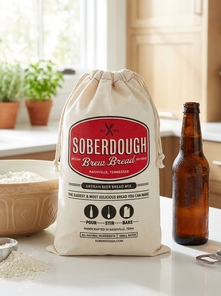 Bag of Soberdough Brew Bread mix on a kitchen counter with a bottle of beer and mixing bowl.
