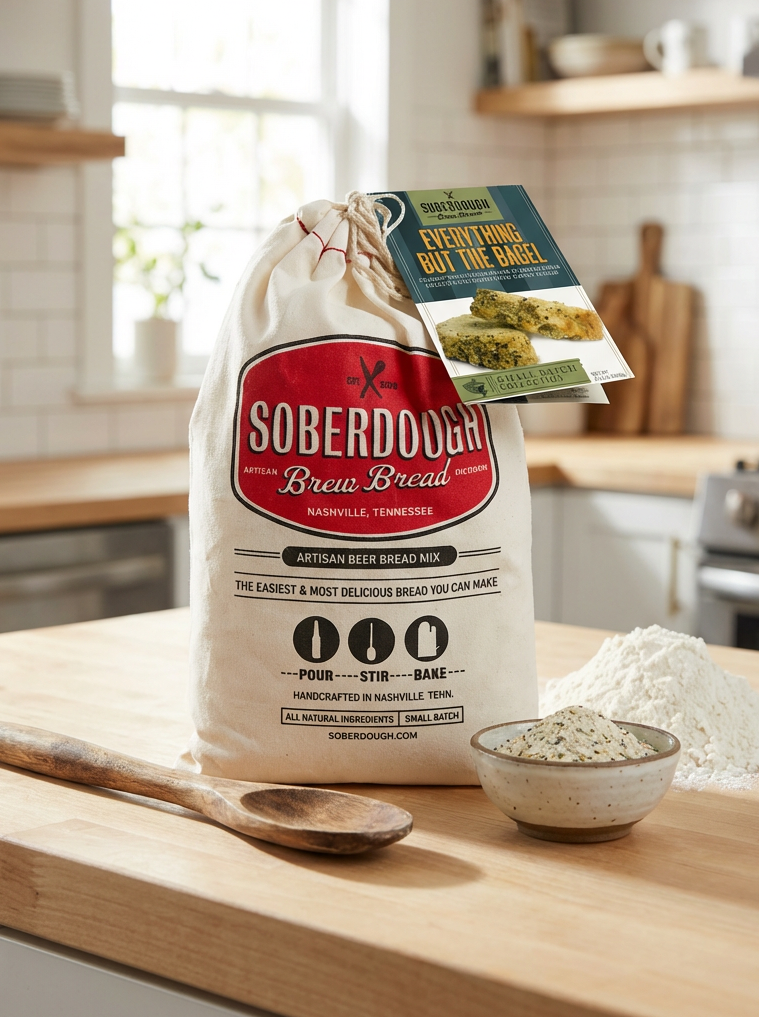 Bag of Soberdober Brew Bread on a kitchen counter with a wooden spoon and bowl of flour.