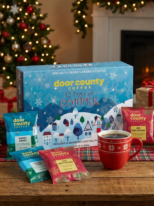 Door County Coffee 12 Days of Coffee set with a mug on a festive background
