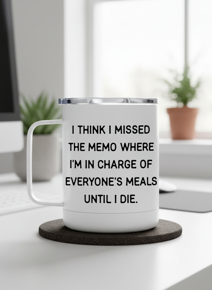 White mug with humorous text on a desk with a computer and plants in the background