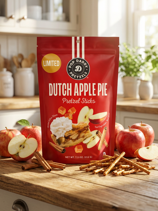 Bag of Dutch Apple Pie Pretzel Sticks on a kitchen counter with apples and pretzels.