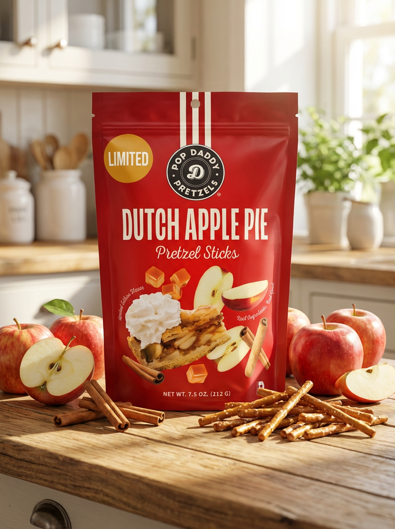 Bag of Dutch Apple Pie Pretzel Sticks on a kitchen counter with apples and pretzels.