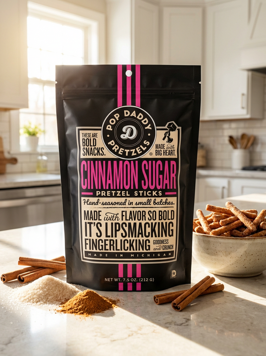 Bag of Pop Daddy Pretzels Cinnamon Sugar flavor on a kitchen counter with pretzel sticks and cinnamon.