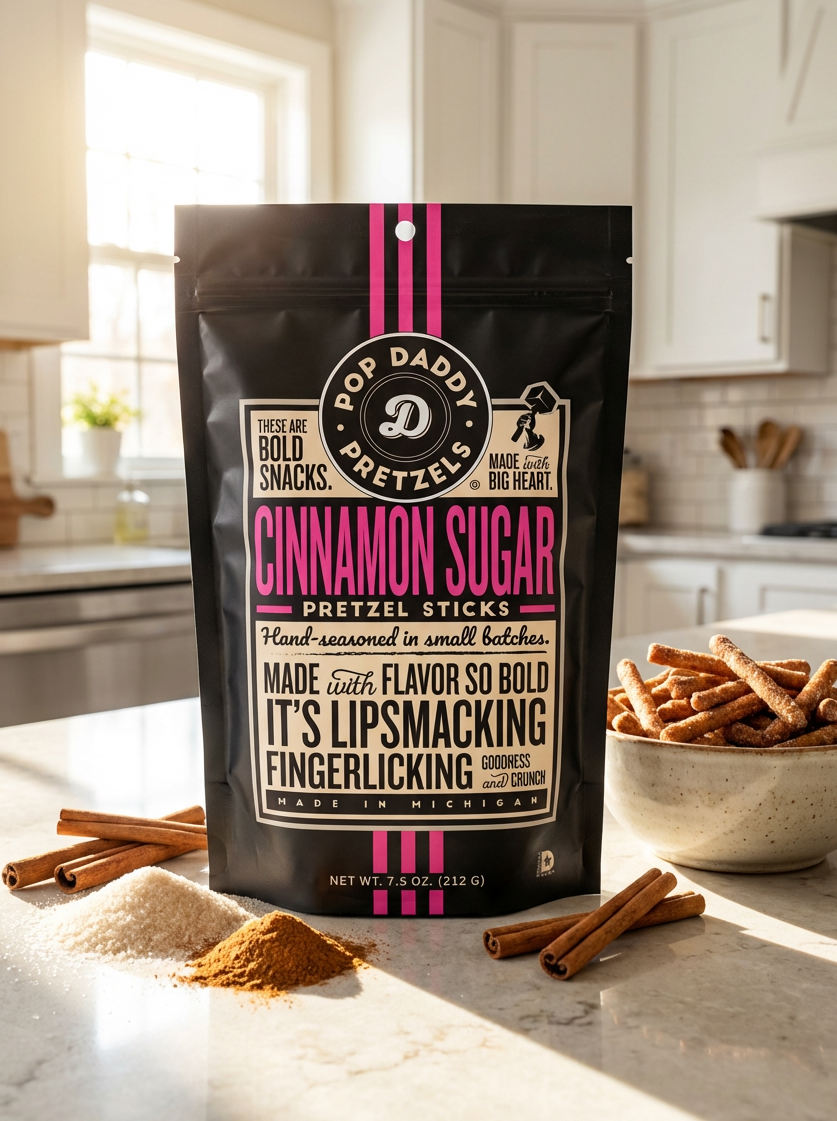 Bag of Pop Daddy Pretzels Cinnamon Sugar flavor on a kitchen counter with pretzel sticks and cinnamon.