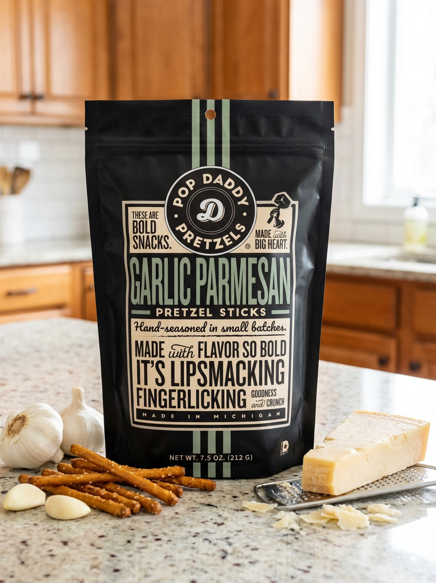 Garlic Parmesan pretzel sticks packaging on a kitchen counter with pretzels and garlic.