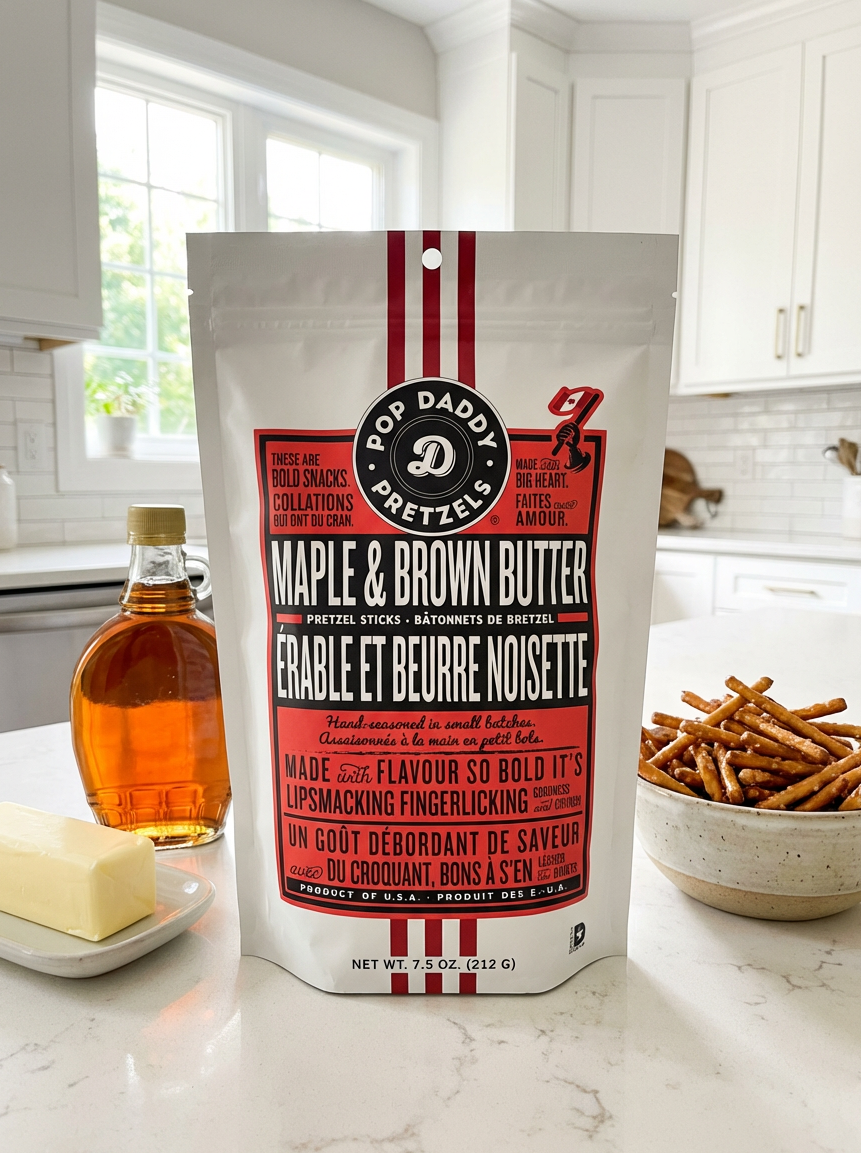 Bag of Top Daddy Pretzels with maple and brown butter flavor on a kitchen counter.