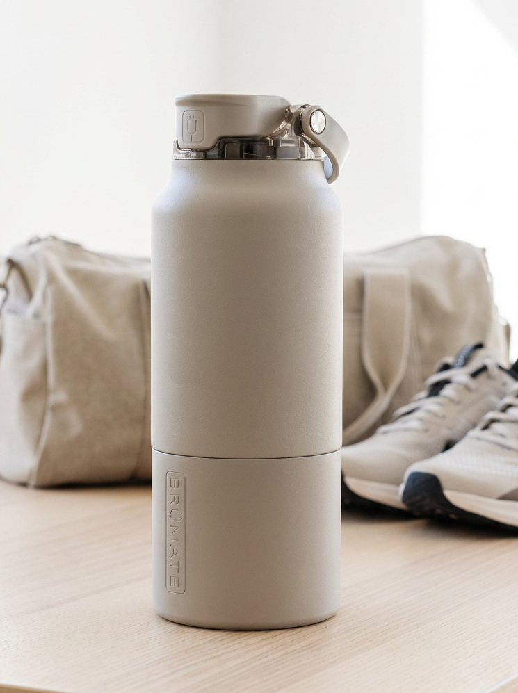 Beige water bottle on a wooden surface with a white background
