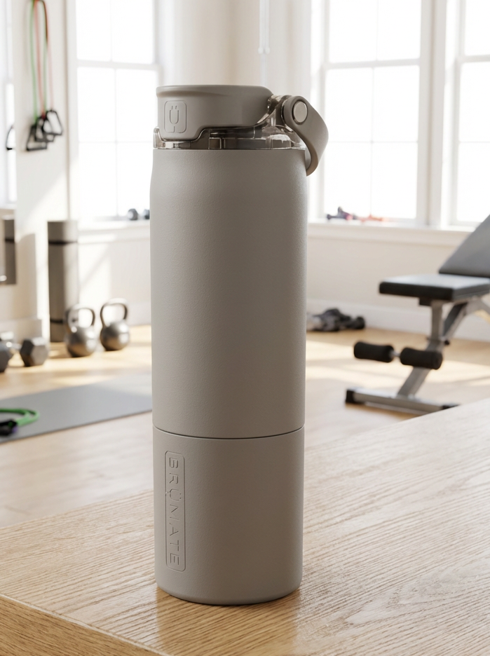 Gray tumbler on a wooden table in a gym setting