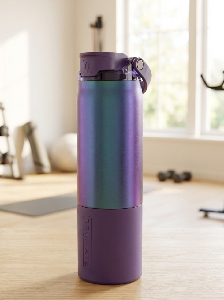 Purple water bottle on a wooden floor with gym equipment in the background