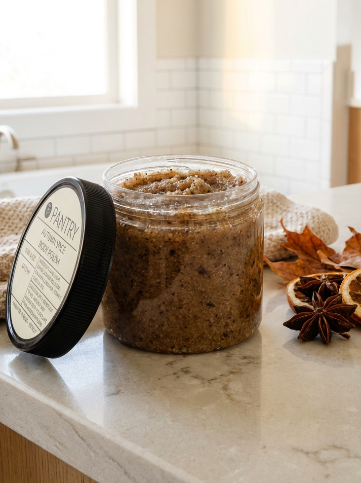 Jar of brown sugar scrub on a marble countertop with a black lid and star anise and dried oranges.