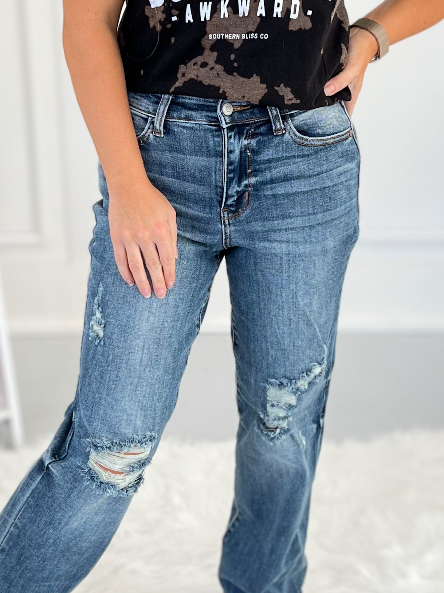 Tinted Love - Judy Blue Distressed Straight Leg Dad Jean