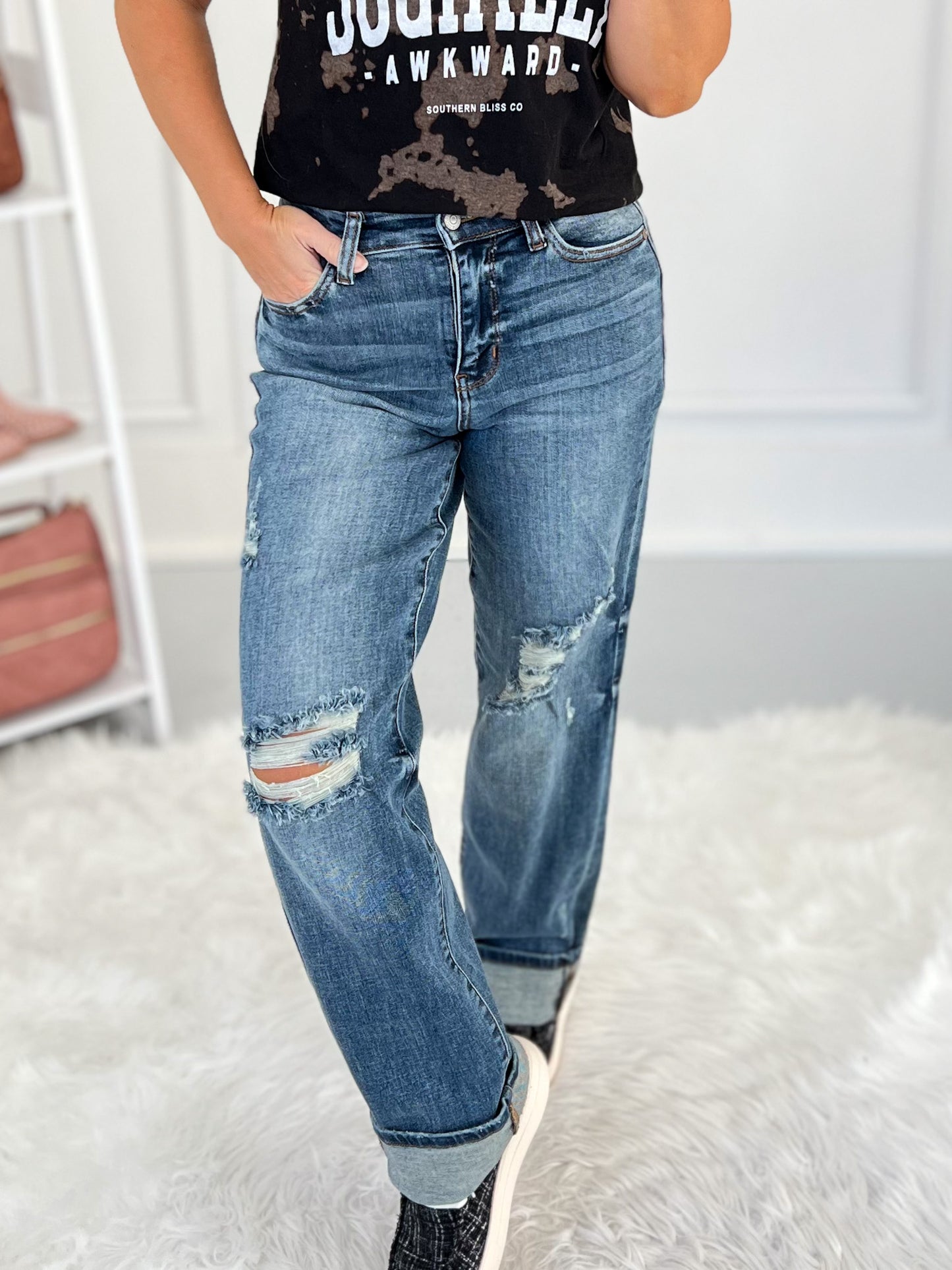 Tinted Love - Judy Blue Distressed Straight Leg Dad Jean