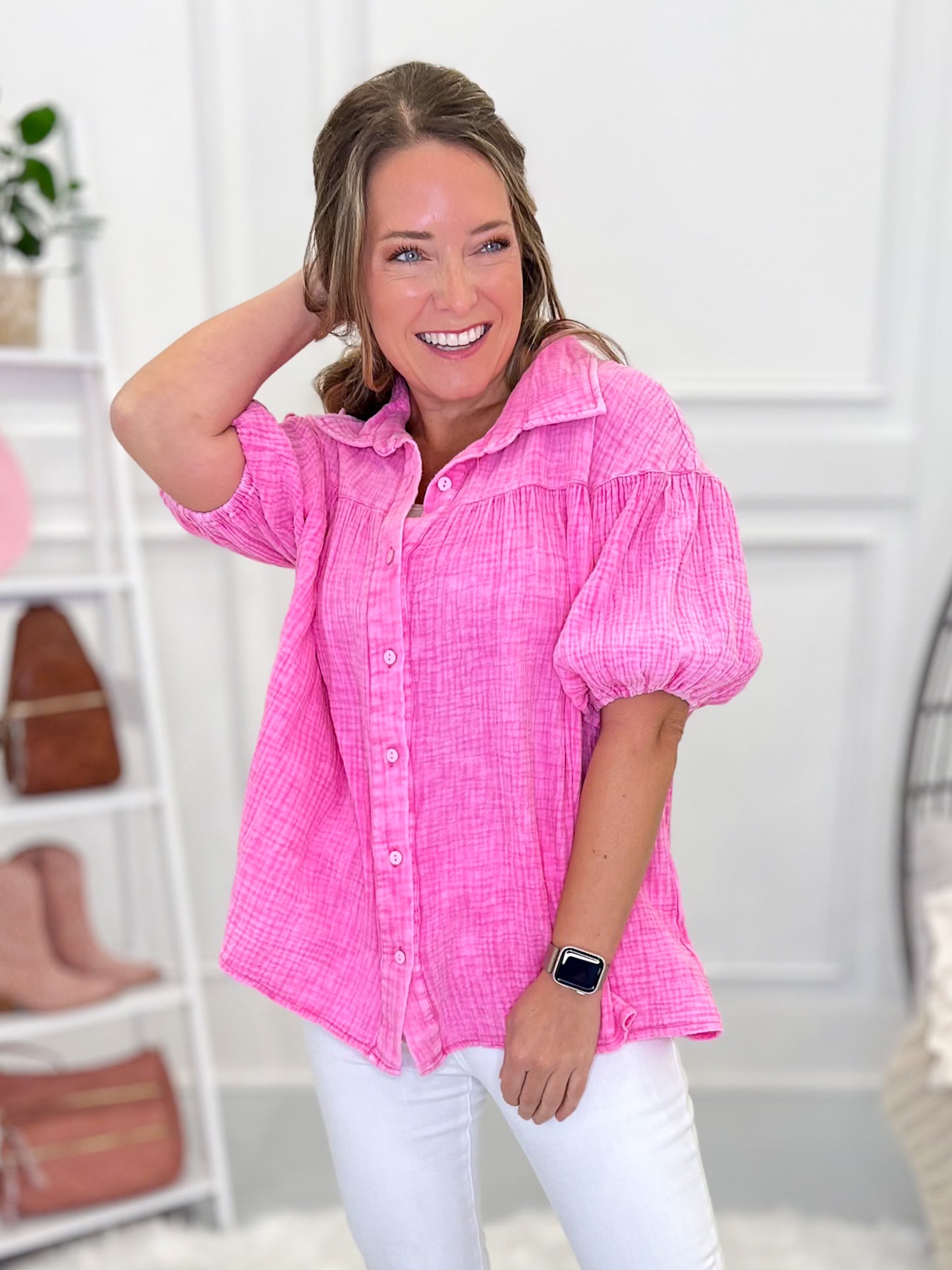 Fuchsia Feels Button Up Top