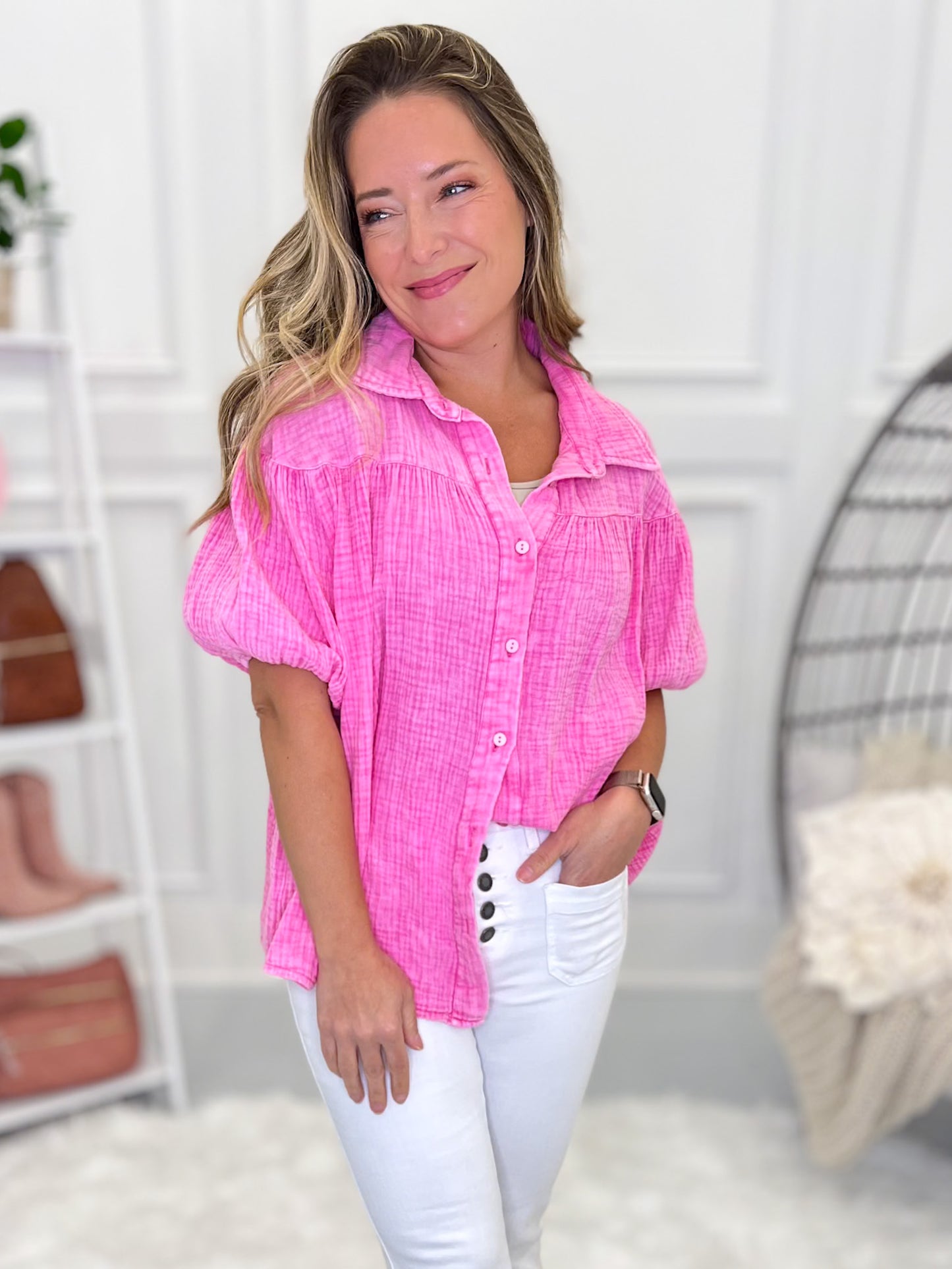 Fuchsia Feels Button Up Top