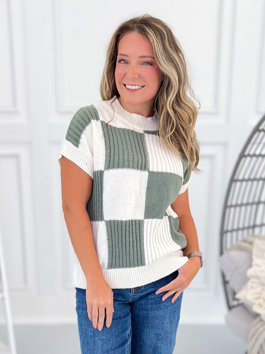 Checking In Knit Top - Sage