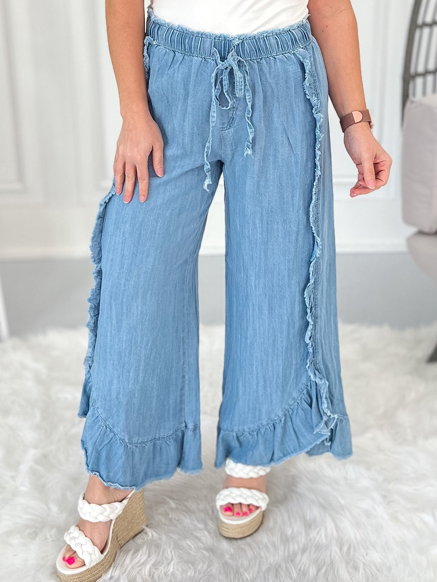 Not That Deep - Ruffle Detail Chambray Pants
