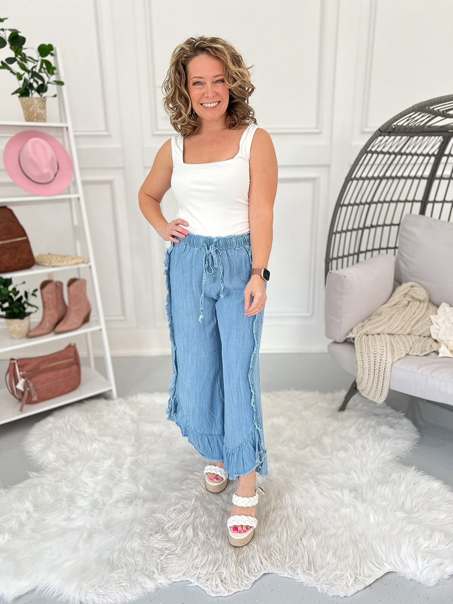 Not That Deep - Ruffle Detail Chambray Pants