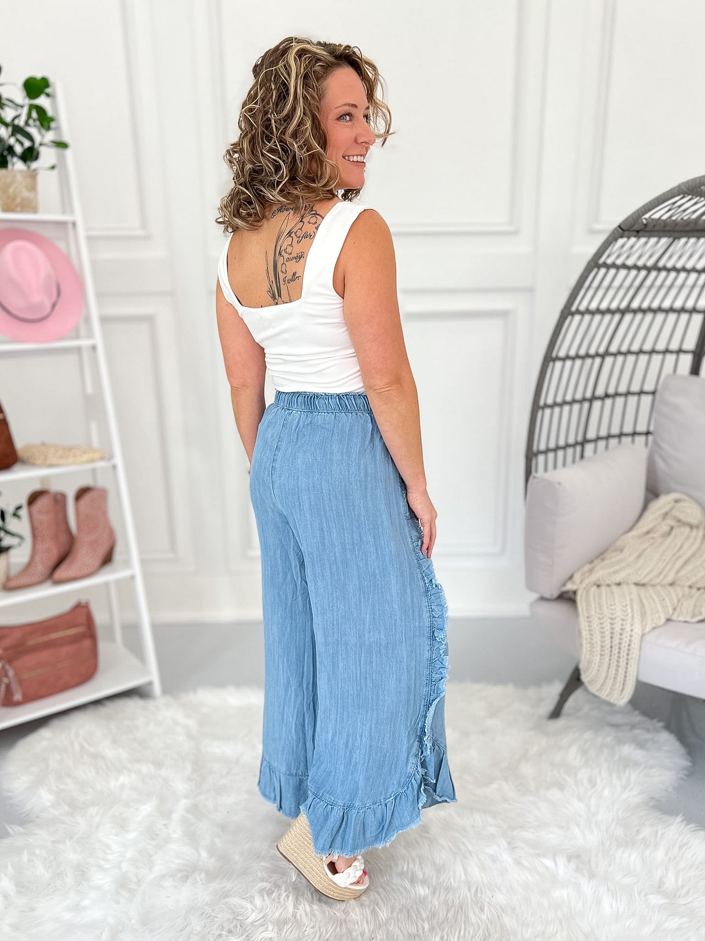 Not That Deep - Ruffle Detail Chambray Pants