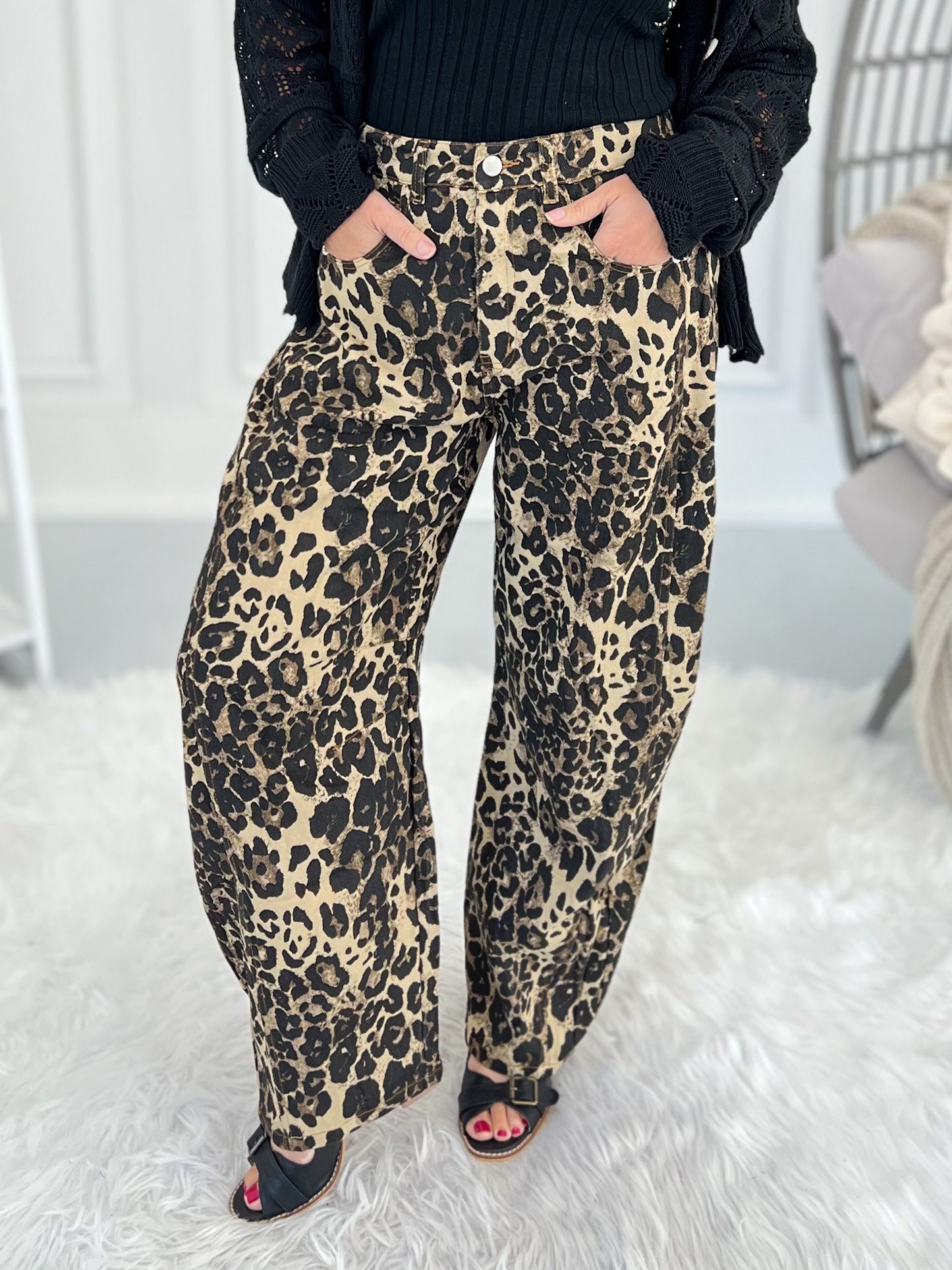 Paws Off Barrel Leg Leopard Print Jean