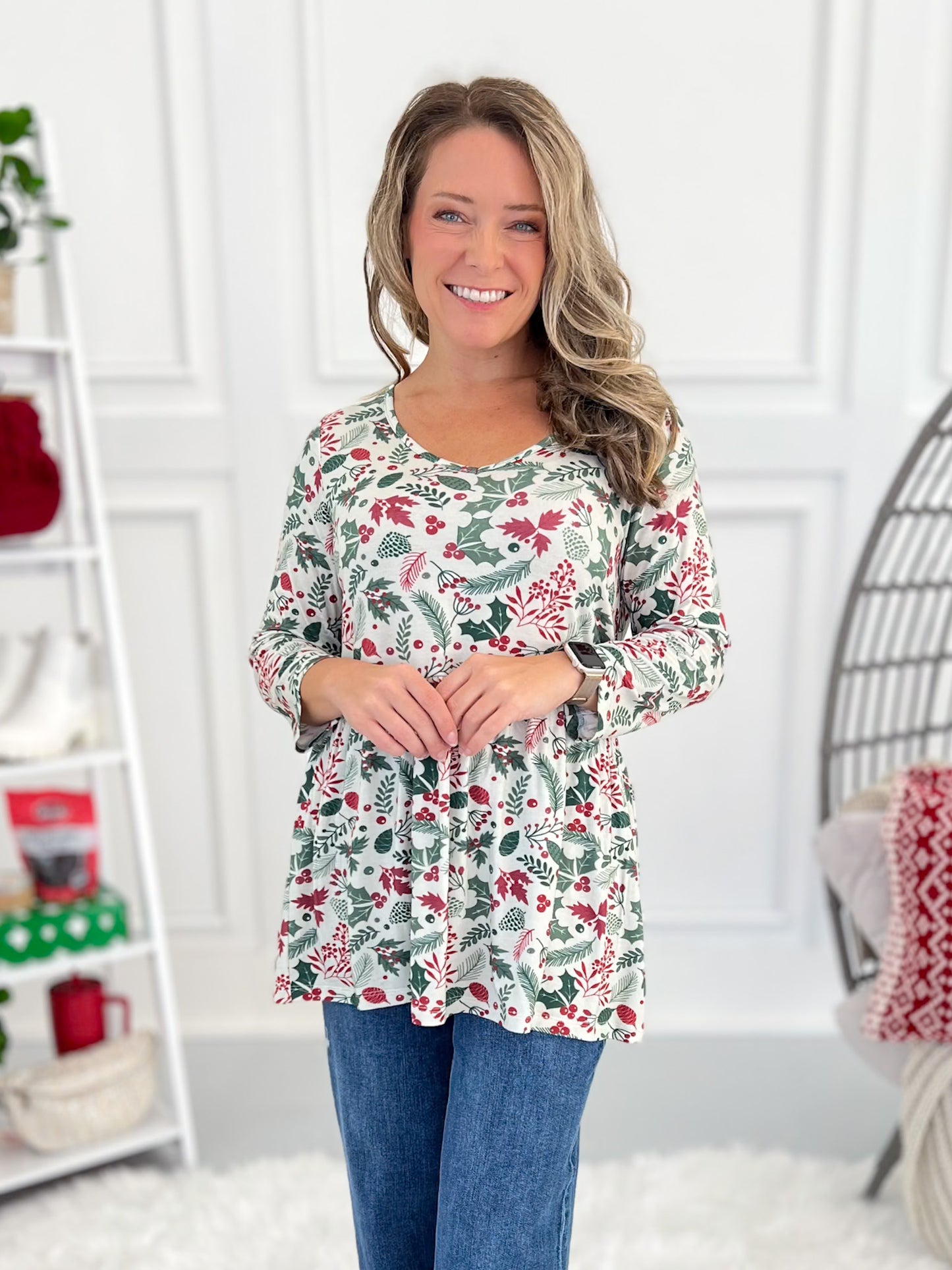 Sarah Ruffle 3/4 Sleeve - Holiday Berry