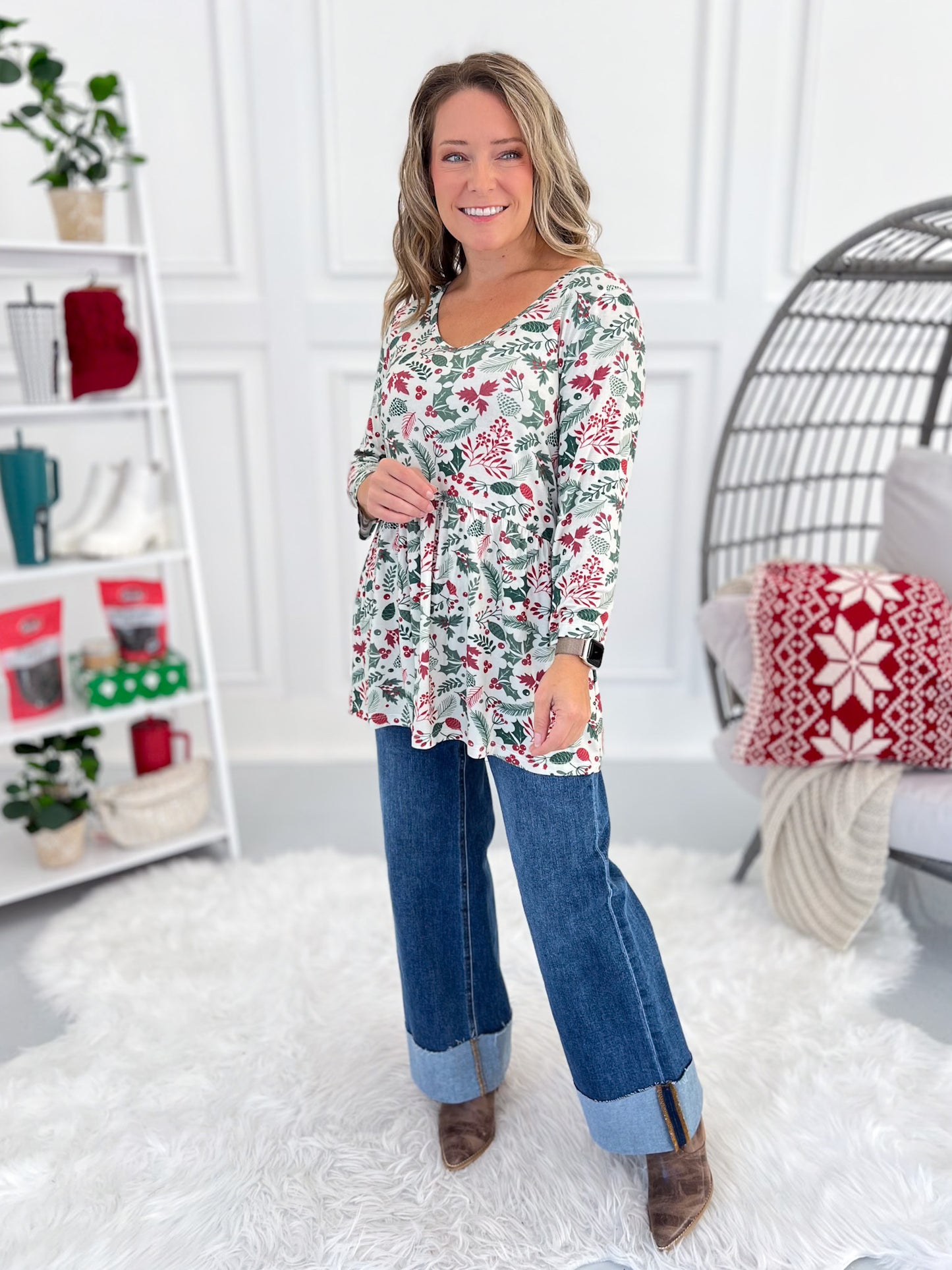 Sarah Ruffle 3/4 Sleeve - Holiday Berry