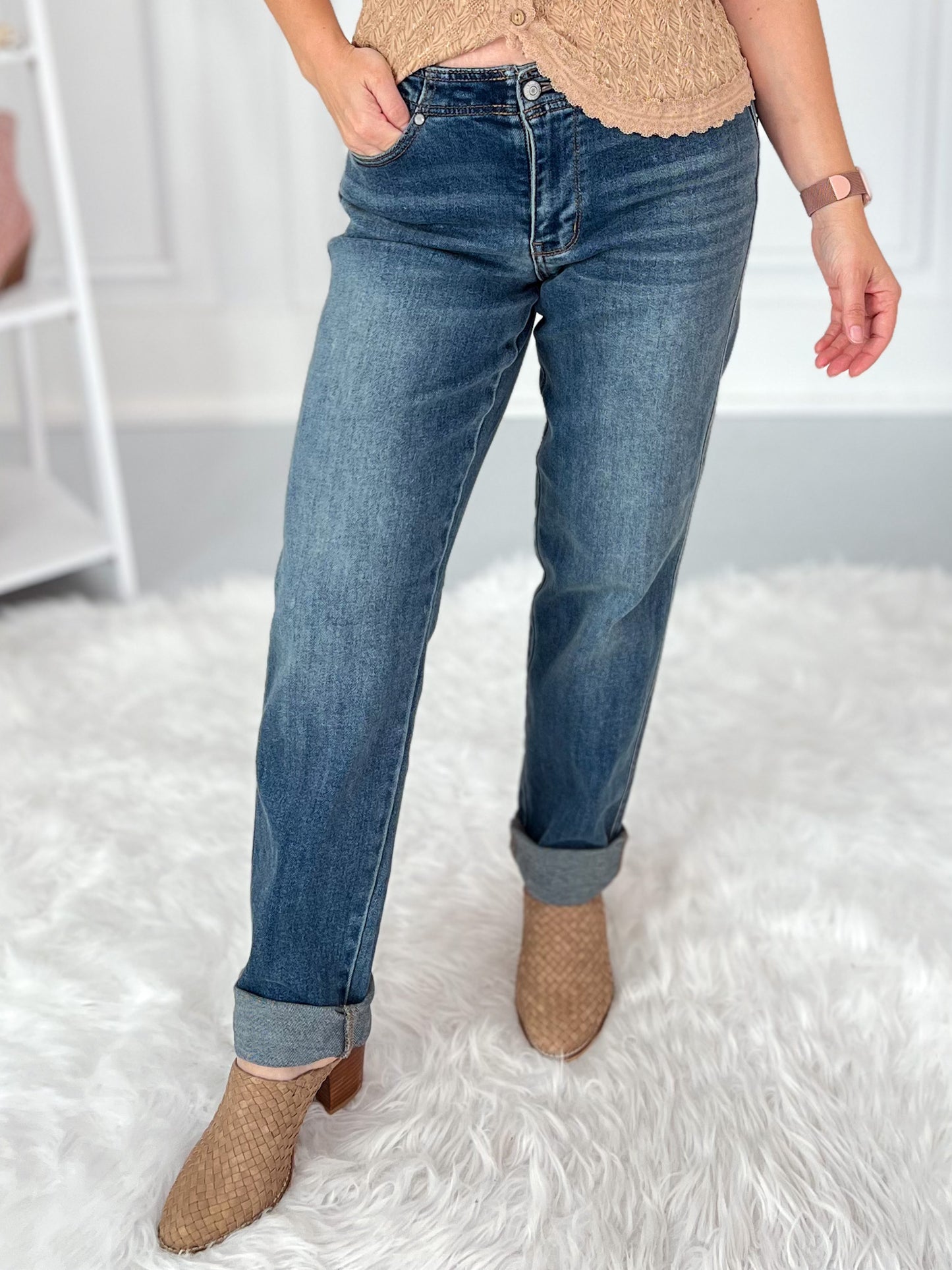 In A Cinch - Judy Blue Adjustable Back Boyfriend Jean with Hollywood Waist