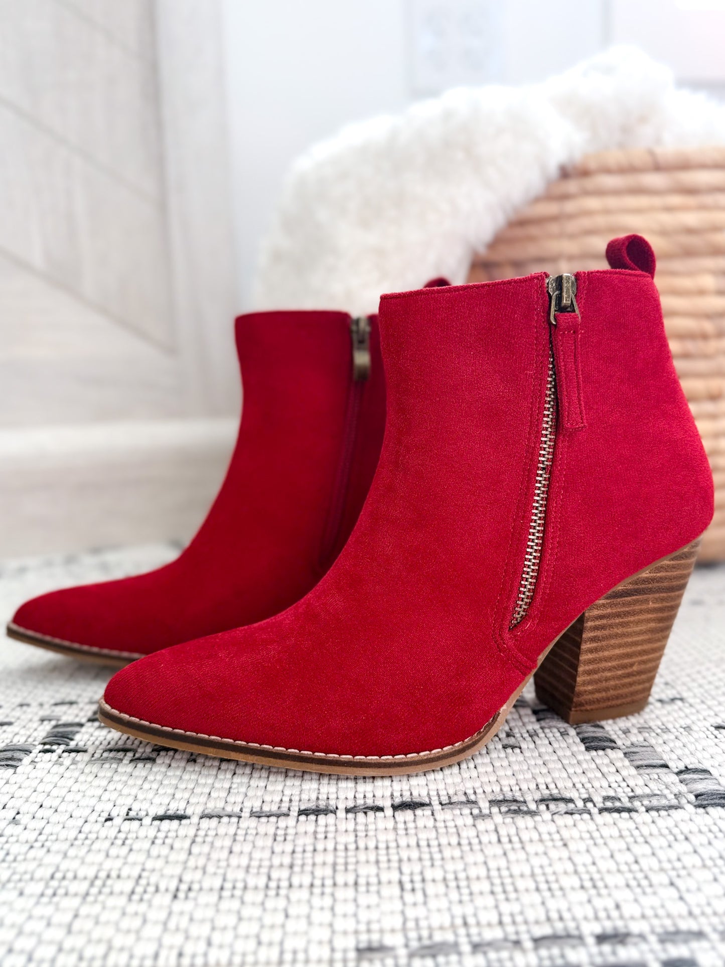 Corky's High Standard Block Heel Ankle Boot - Dark Red Faux Suede