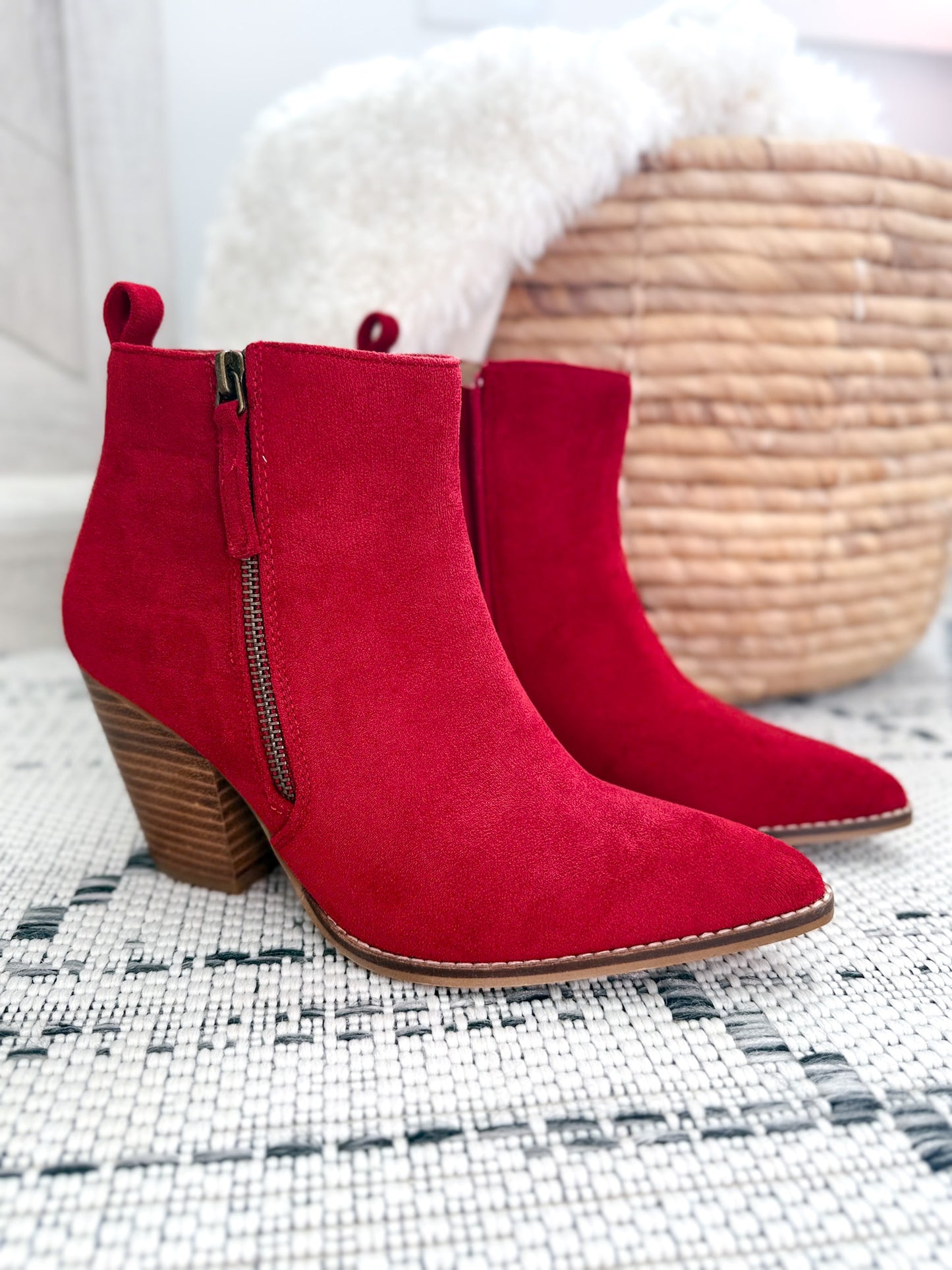 Corky's High Standard Block Heel Ankle Boot - Dark Red Faux Suede