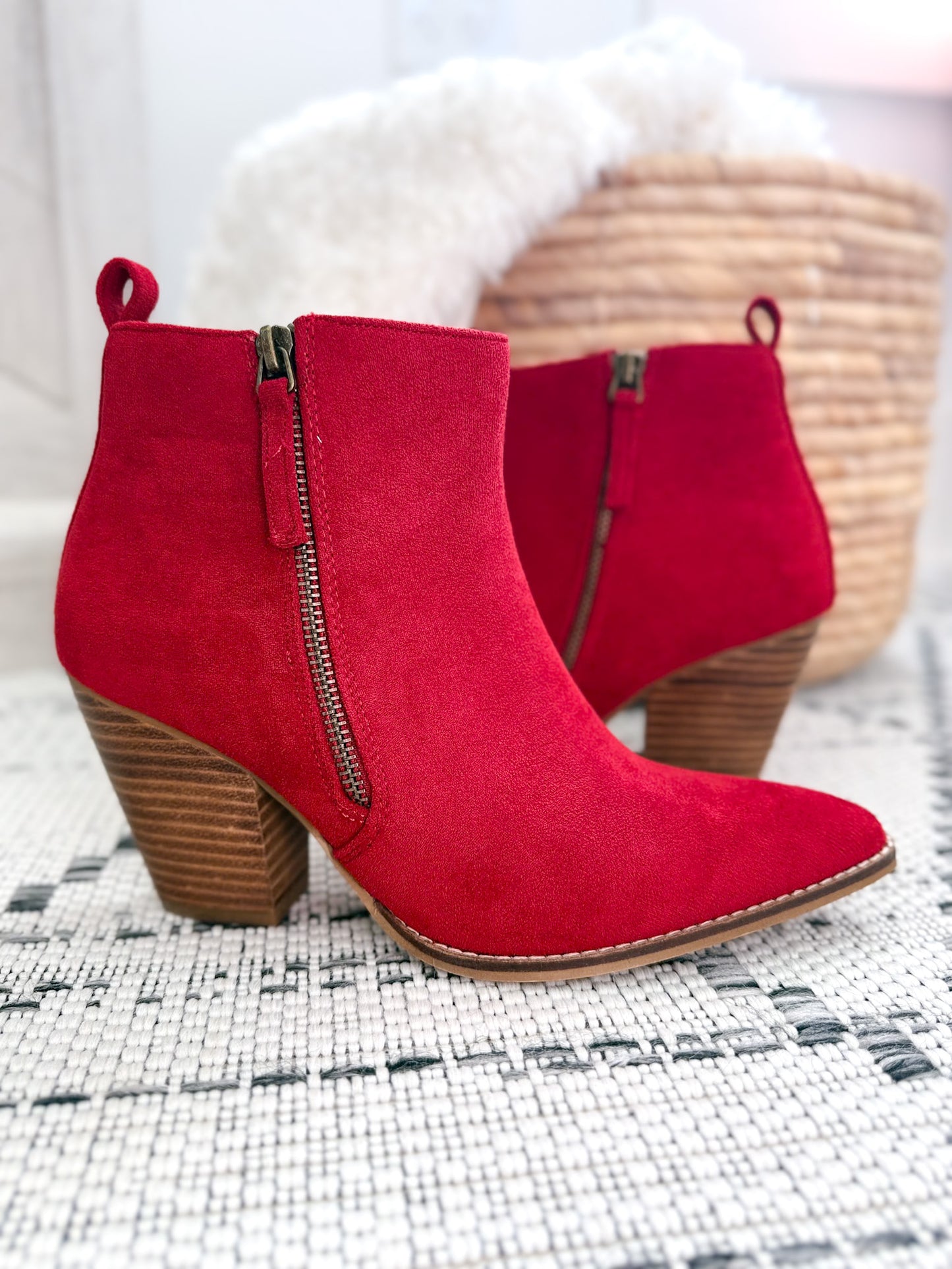 Corky's High Standard Block Heel Ankle Boot - Dark Red Faux Suede