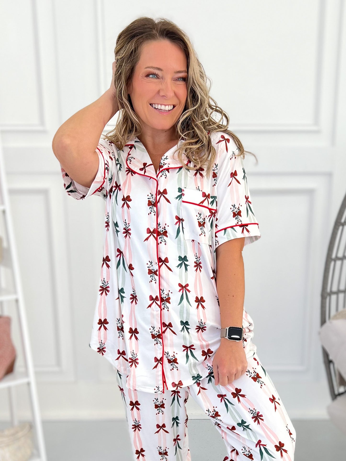 Matching Button Down Pajama Set - Holiday Bow Stripe