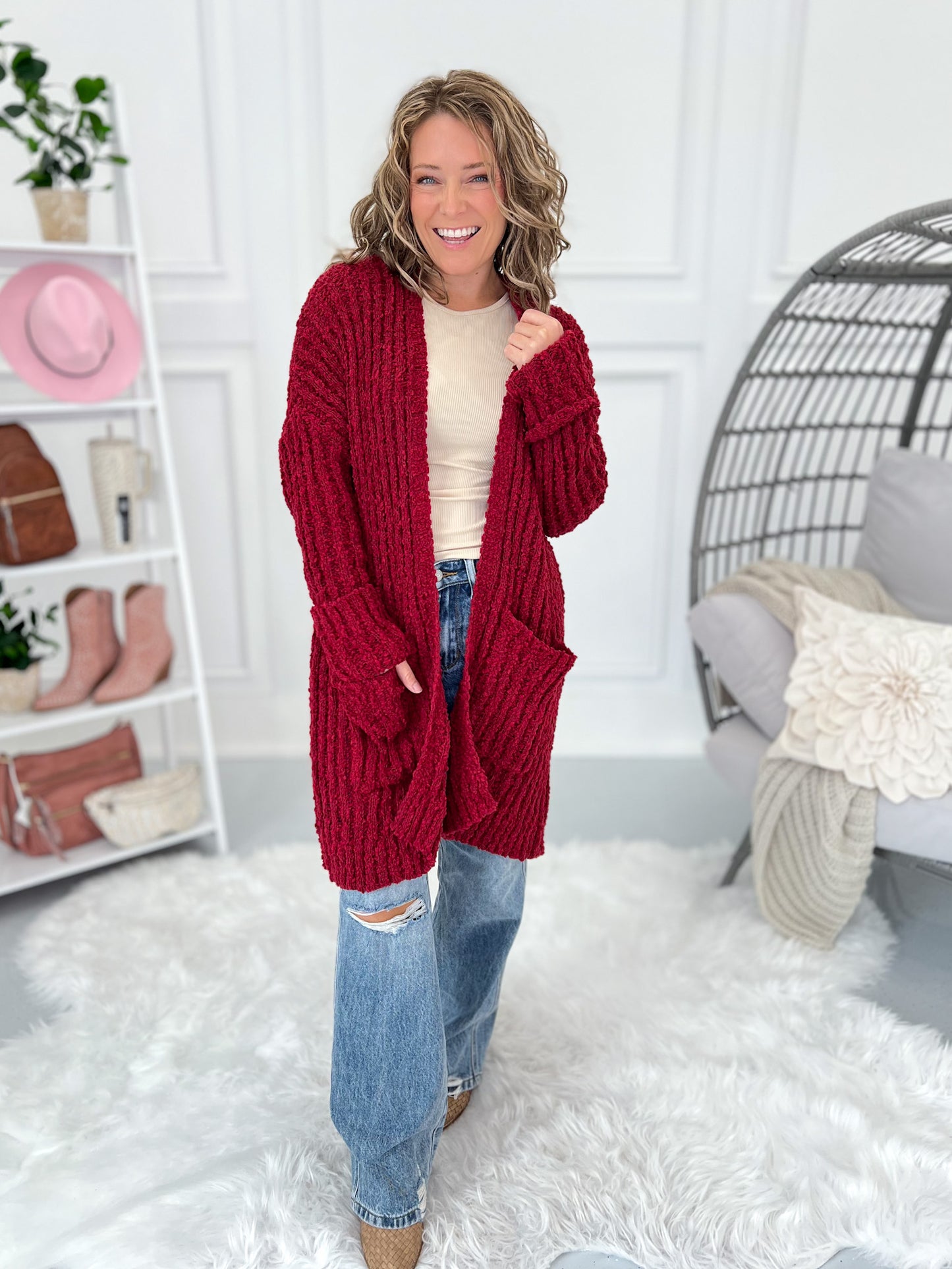 Stay With It Popcorn Crochet Cardigan - Burgundy