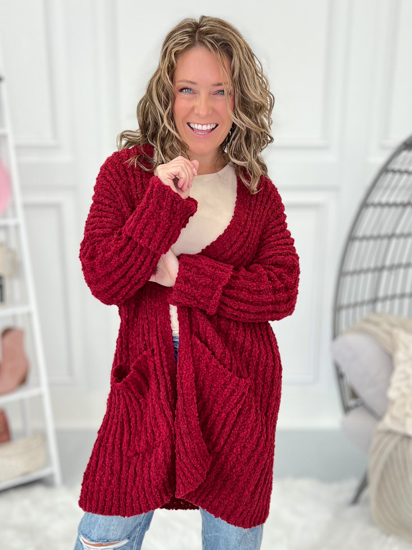 Stay With It Popcorn Crochet Cardigan - Burgundy