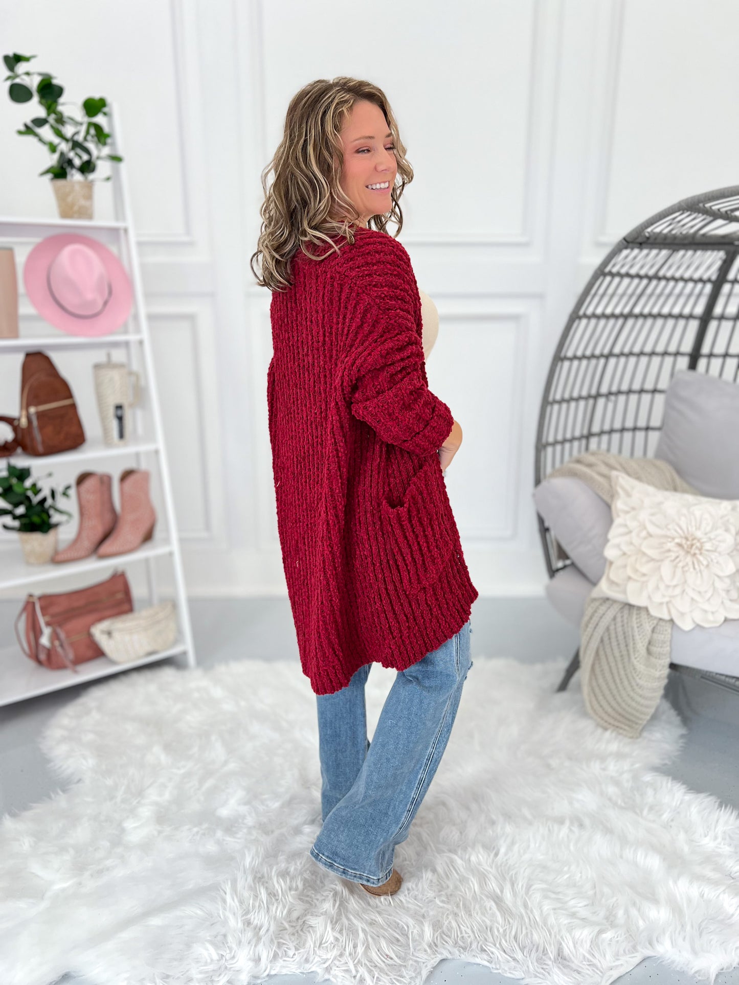 Stay With It Popcorn Crochet Cardigan - Burgundy