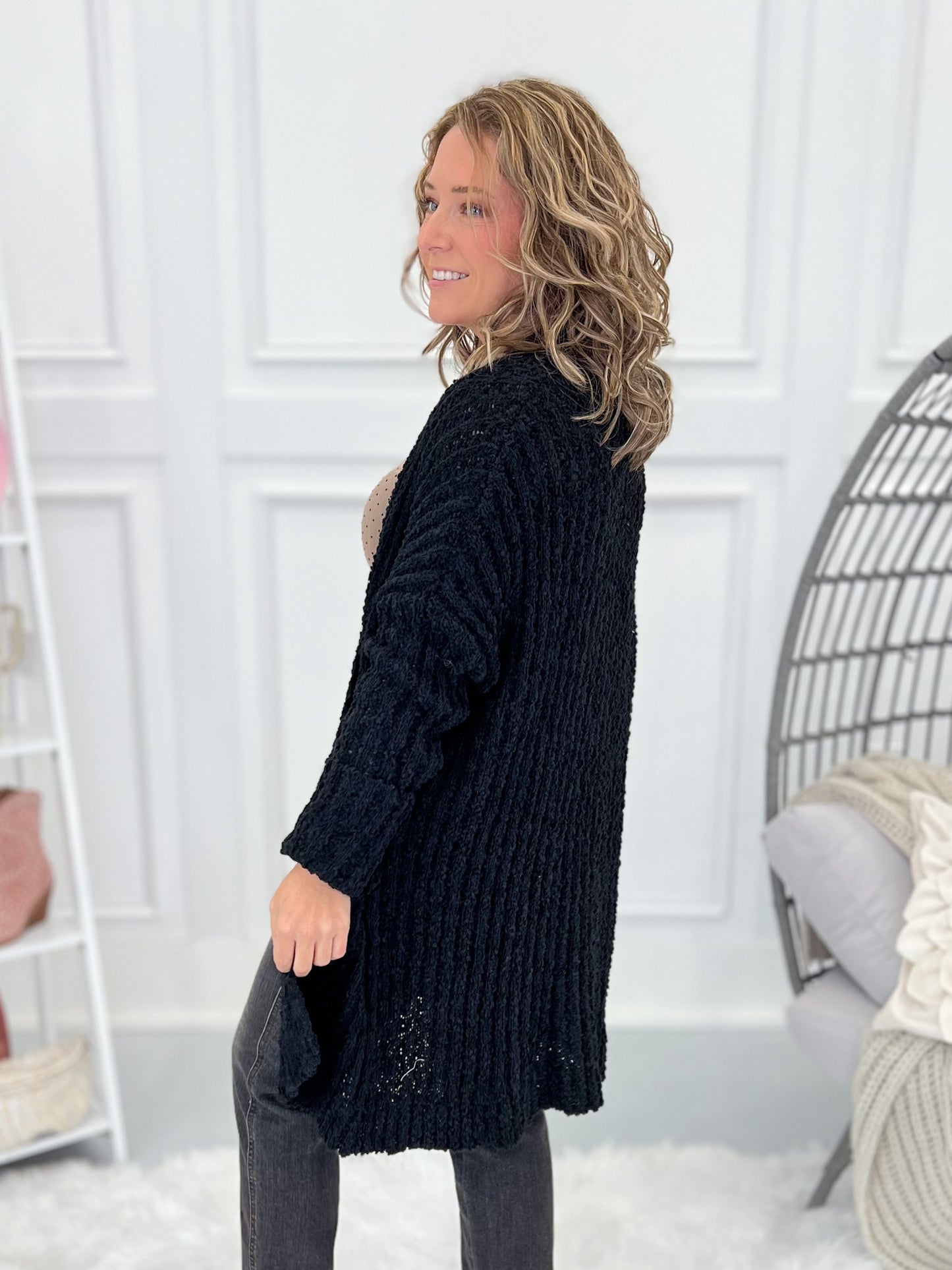 Stay With It Popcorn Crochet Cardigan - Black