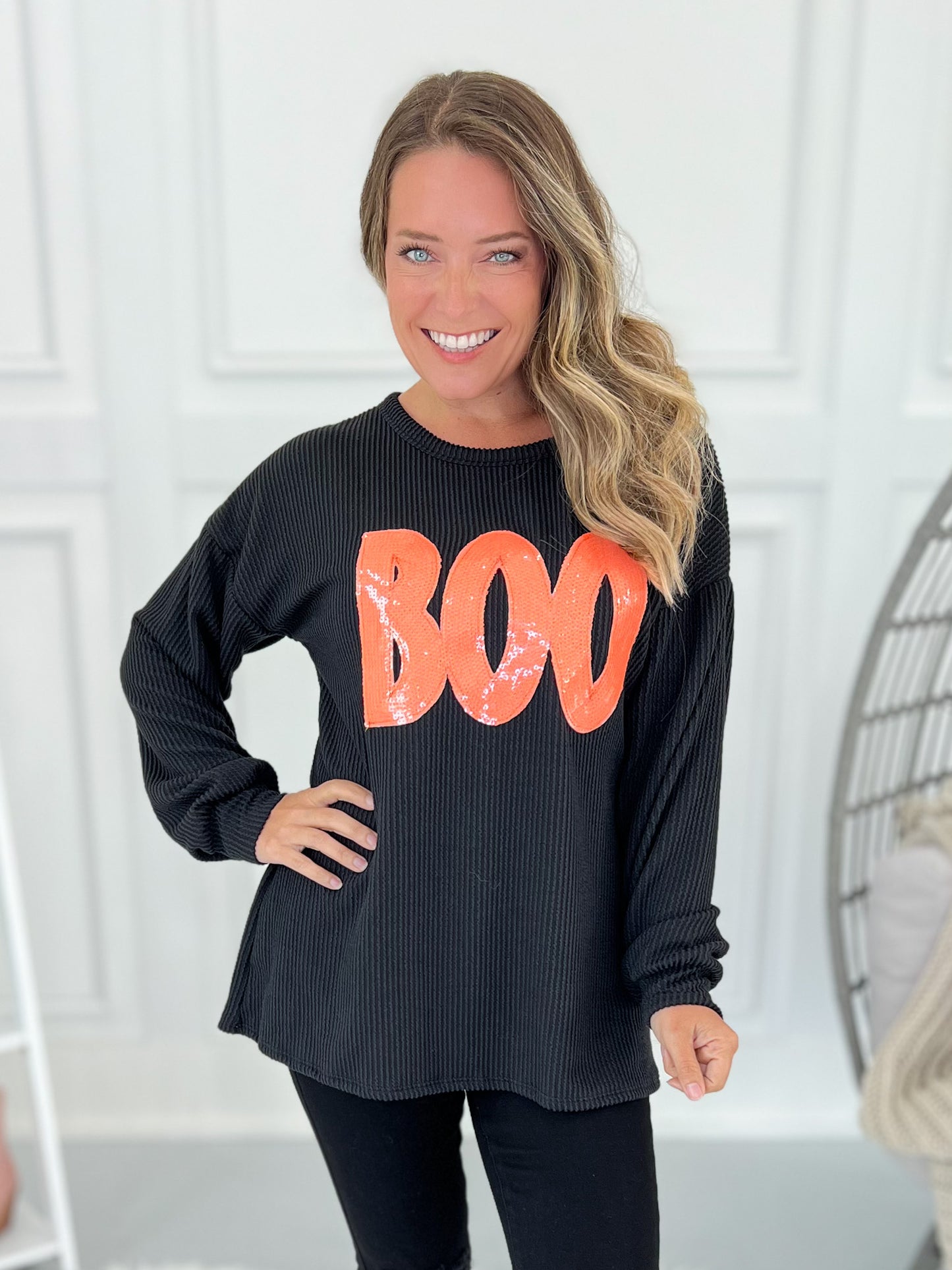 Ribbed Sequin Boo Crewneck