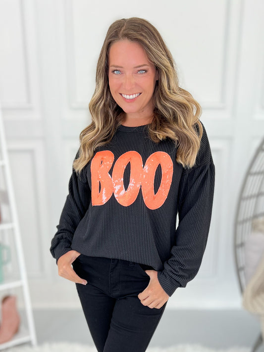 Ribbed Sequin Boo Crewneck