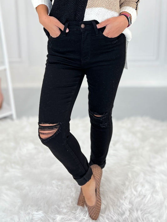 Judy Blue - Heavy Destroyed Raw Hem Black Skinny Jeans- Final Sale