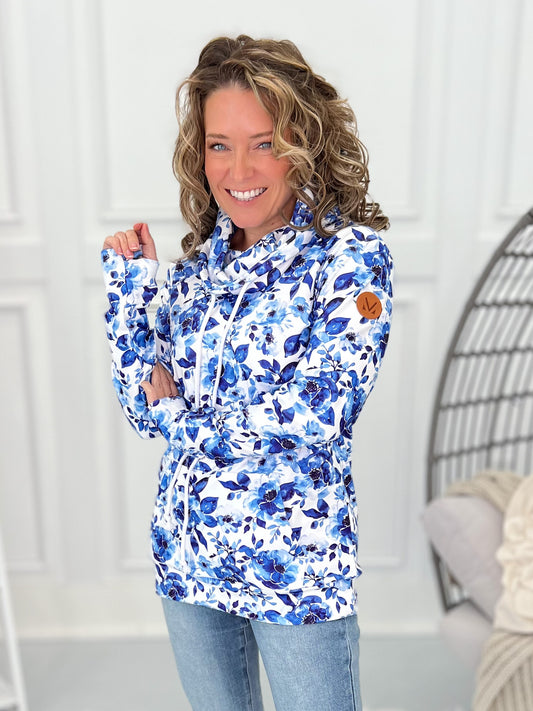 Super Soft Funnel Neck Hoodie - Sapphire Floral