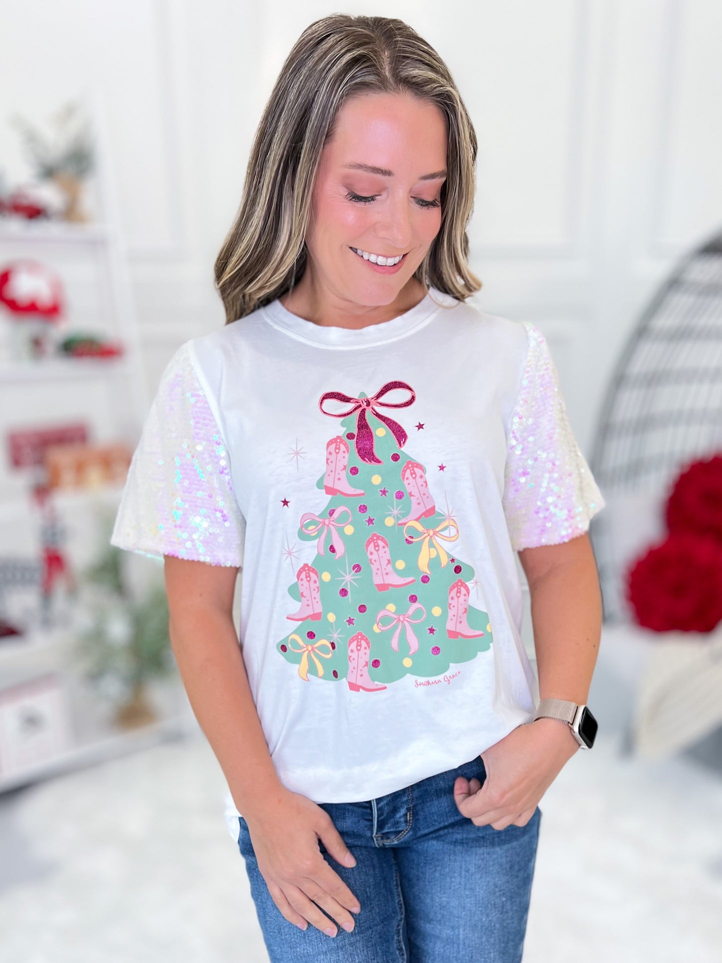 Boots & Bows Christmas Tree Graphic Tee - Final Sale