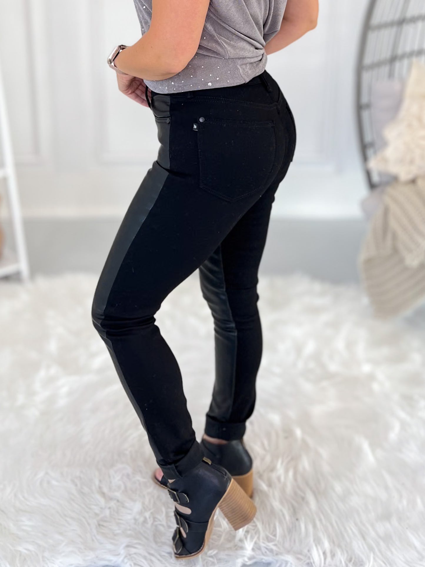 Business In The Front - Judy Blue Faux Leather & Denim Skinny Jeans- Final Sale